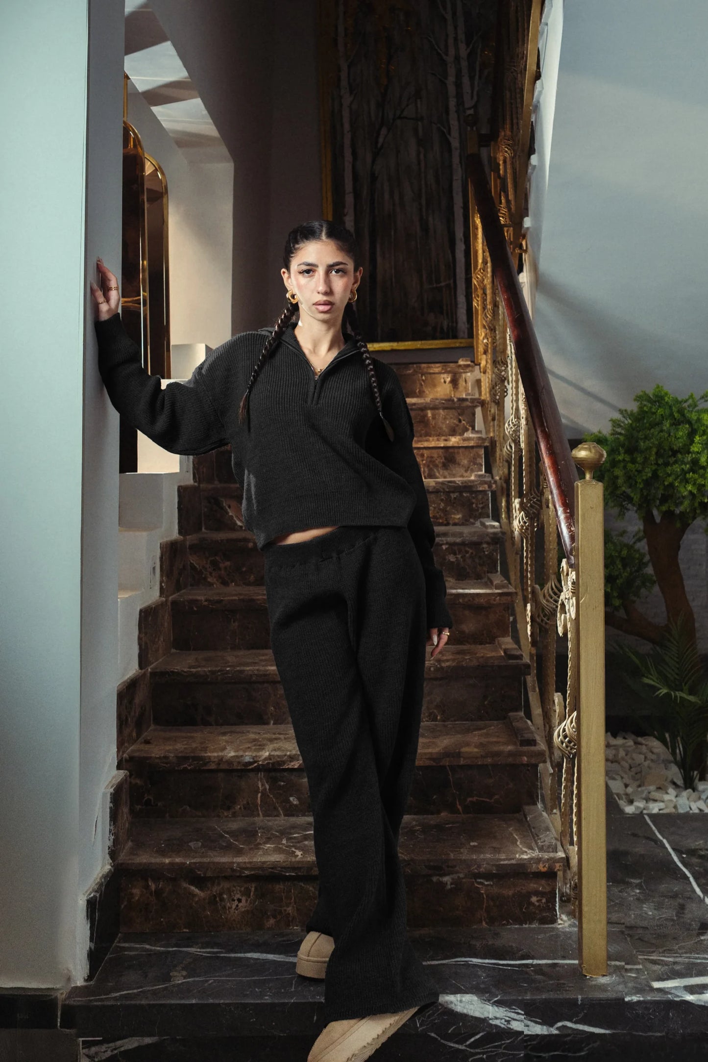 Black Quarter Zip Knitted Set