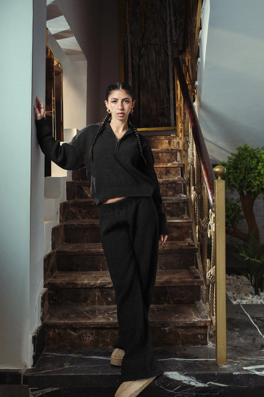 Black Quarter Zip Knitted Set