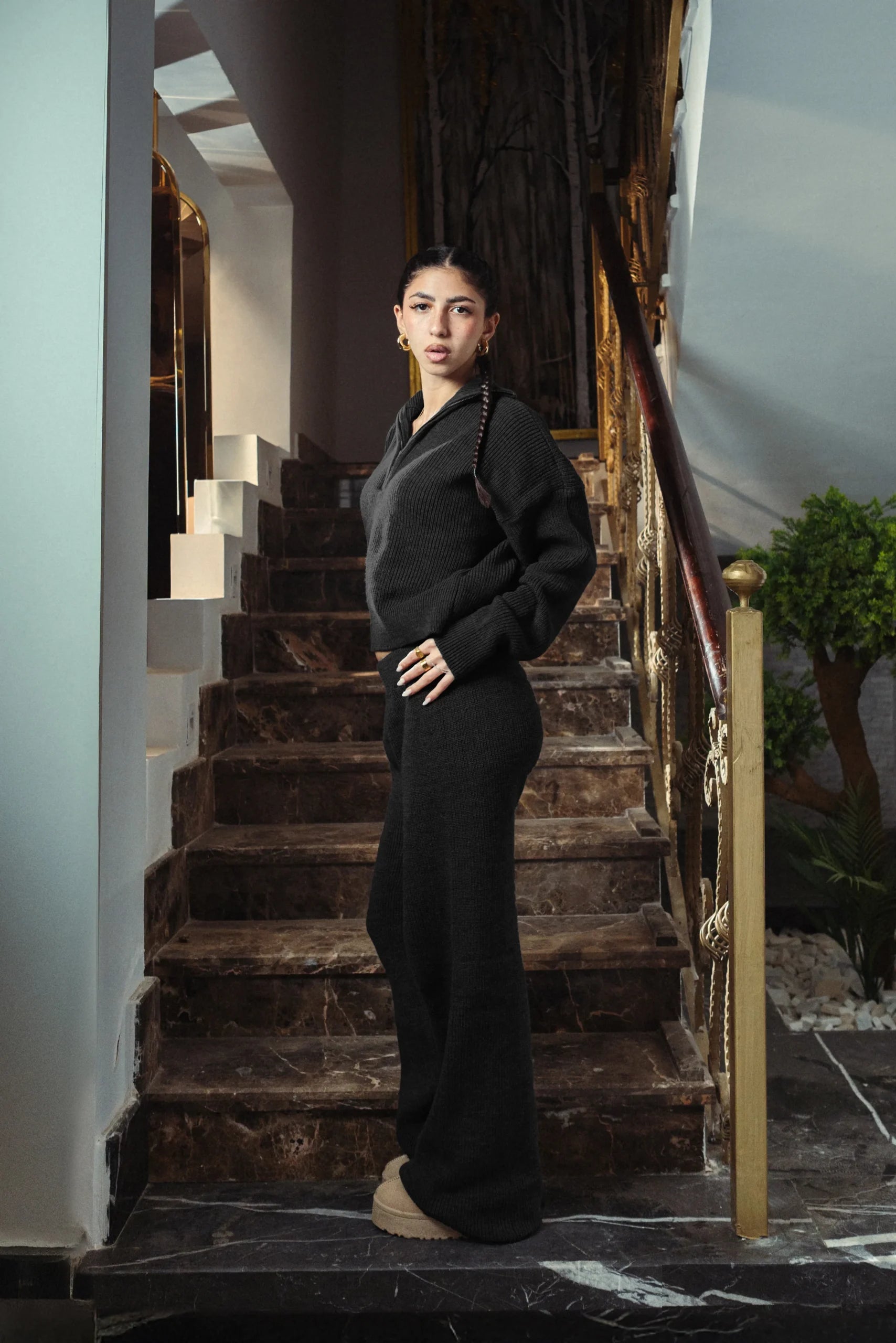 Black Quarter Zip Knitted Set