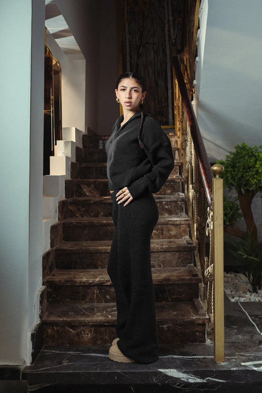 Black Quarter Zip Knitted Set
