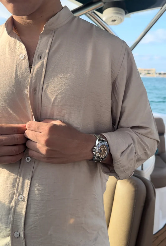 Linen Shirt With A Band Collar