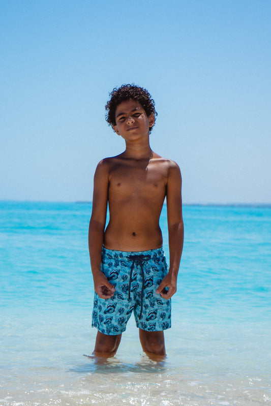 Teal Conchas Swim Shorts - Kids