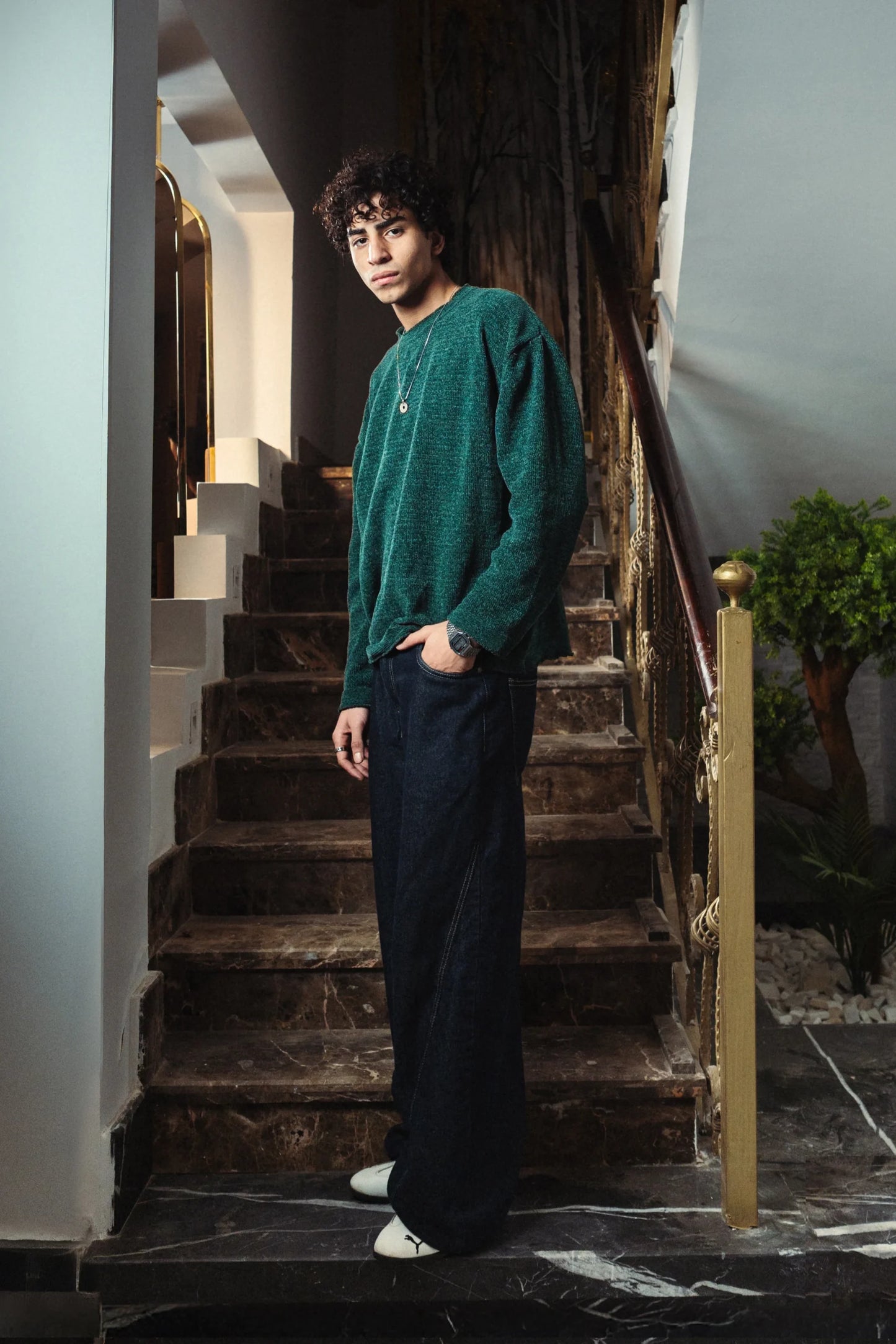 Mineral Green Velvet Knitted Crewneck