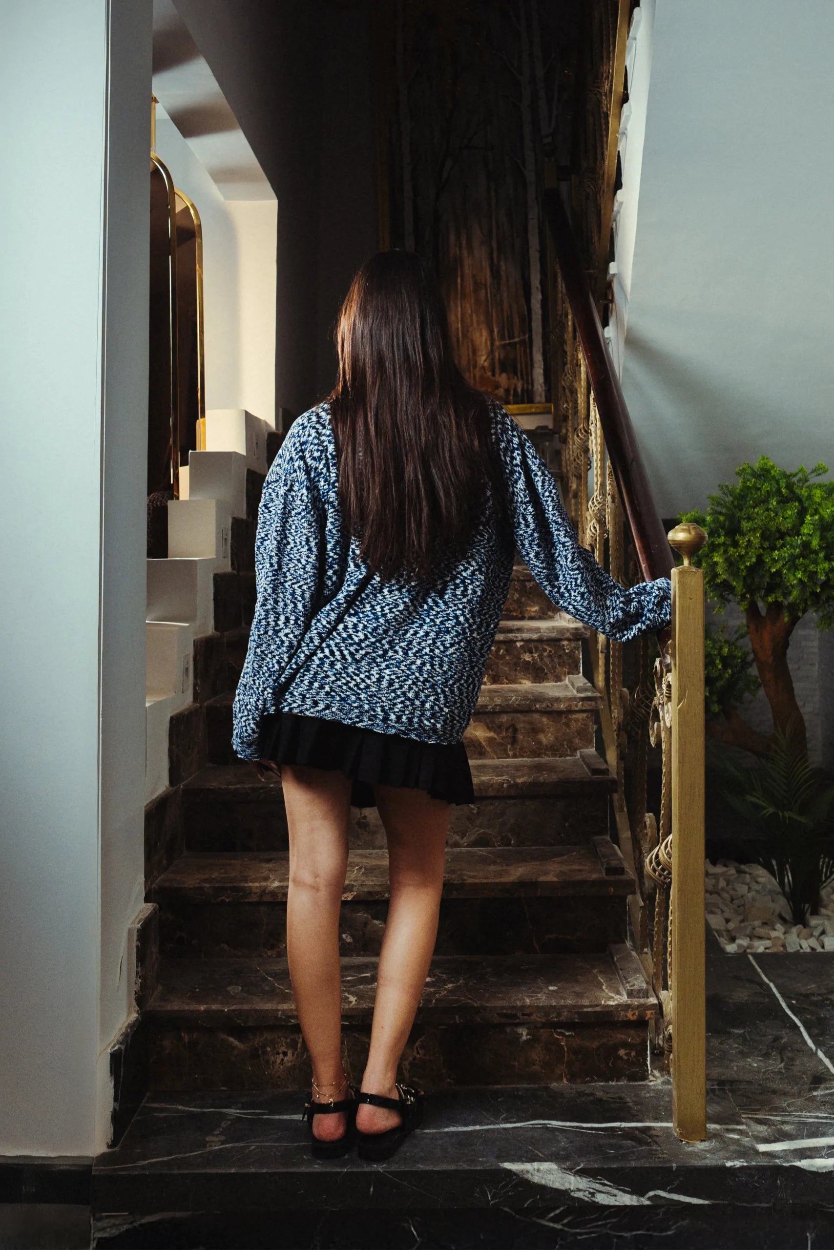 Navy Marl Velvet Knitted Crewneck