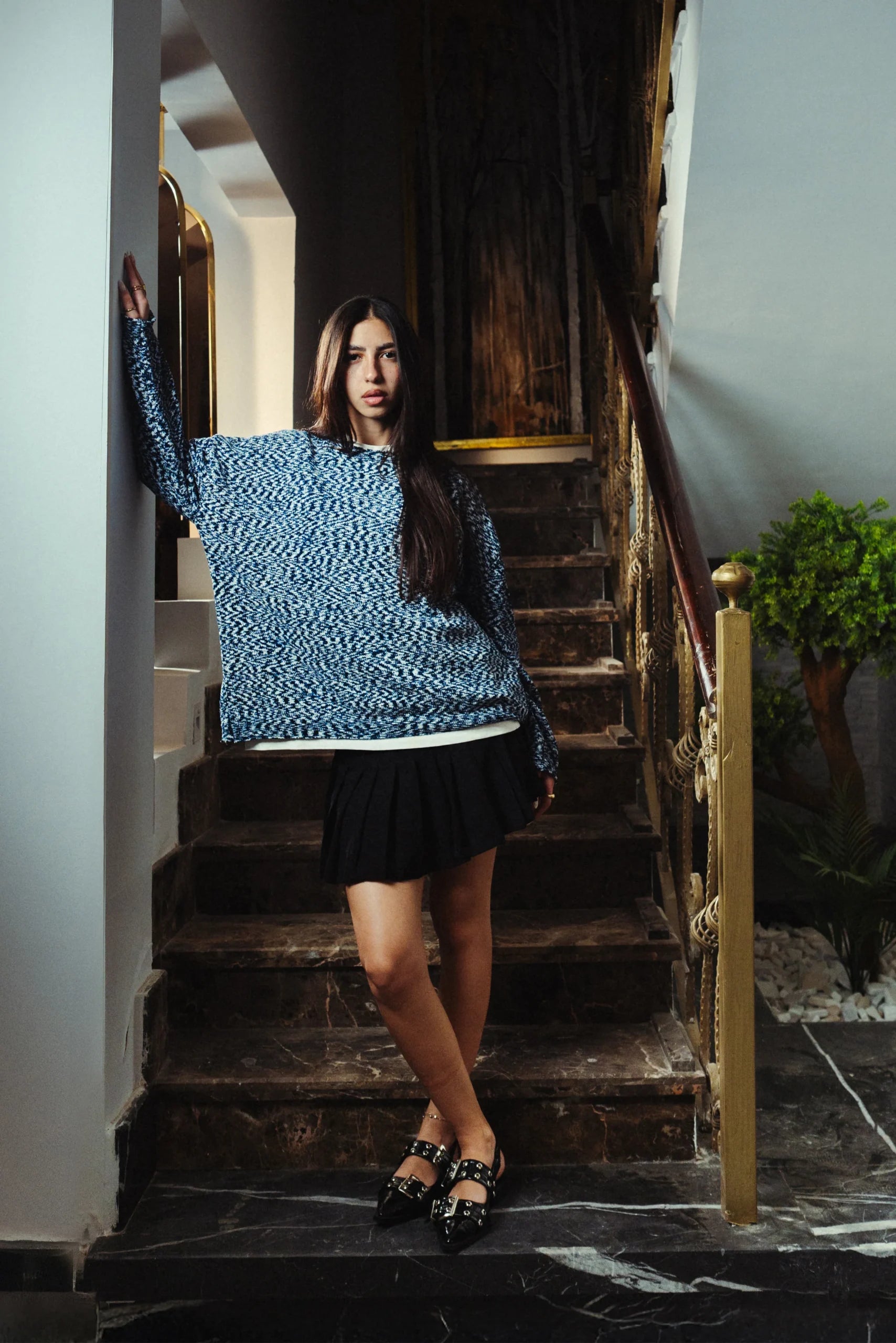Navy Marl Velvet Knitted Crewneck
