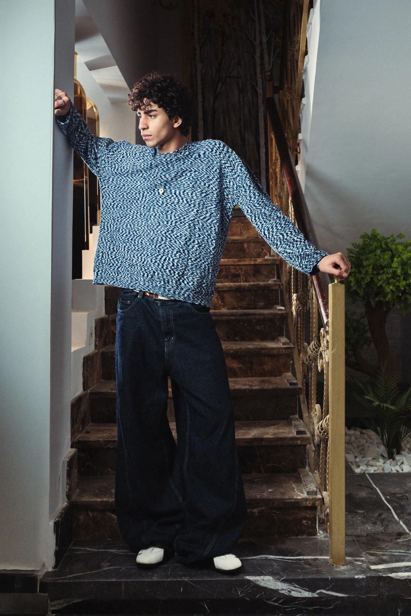 Navy Marl Velvet Knitted Crewneck