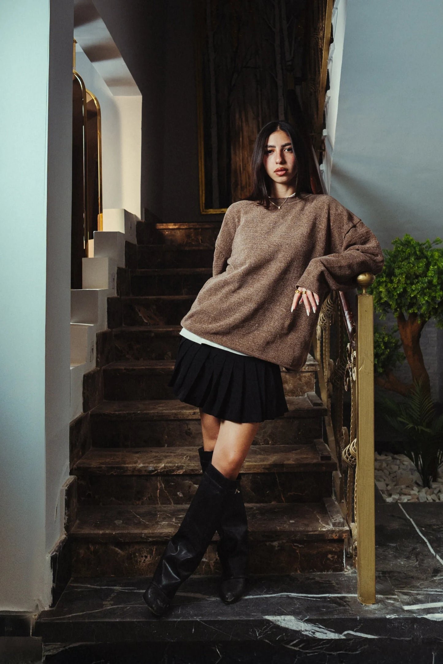 Forest Brown Velvet Knitted Crewneck