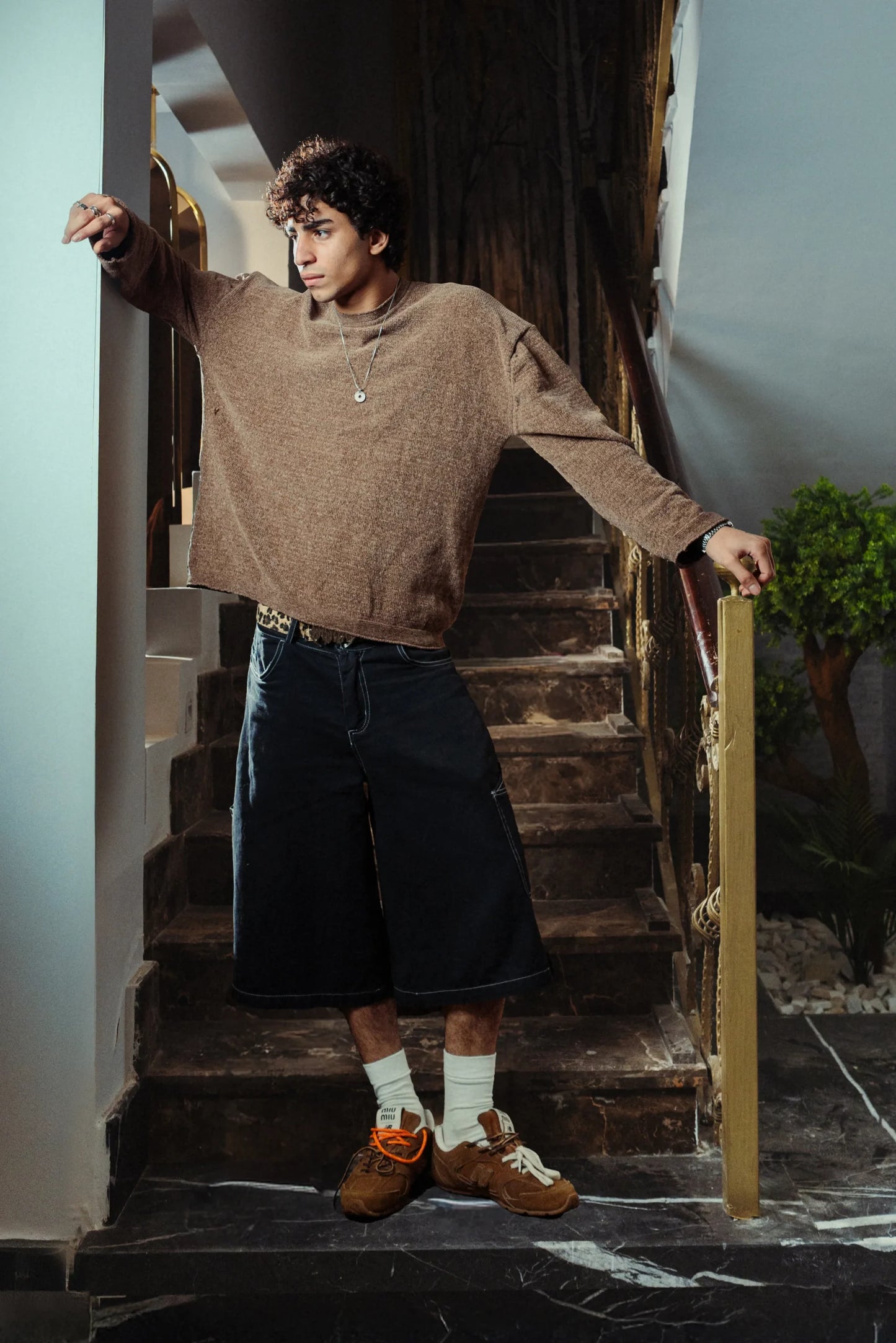 Forest Brown Velvet Knitted Crewneck