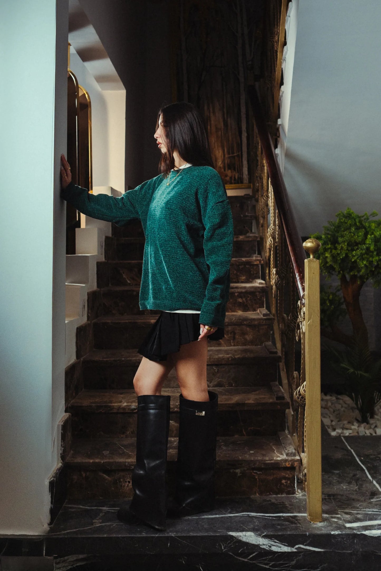 Mineral Green Velvet Knitted Crewneck