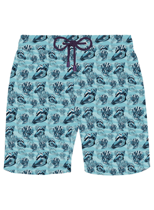 Teal Conchas Swim Shorts - Kids
