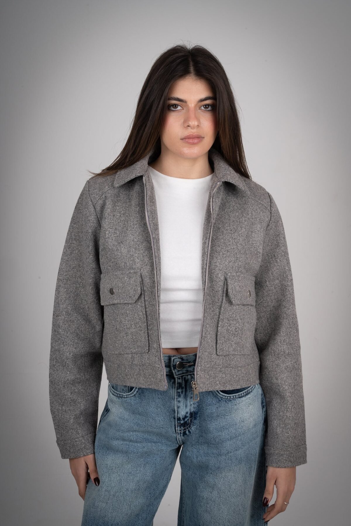 Grey Pocketed Broadcloth jacket