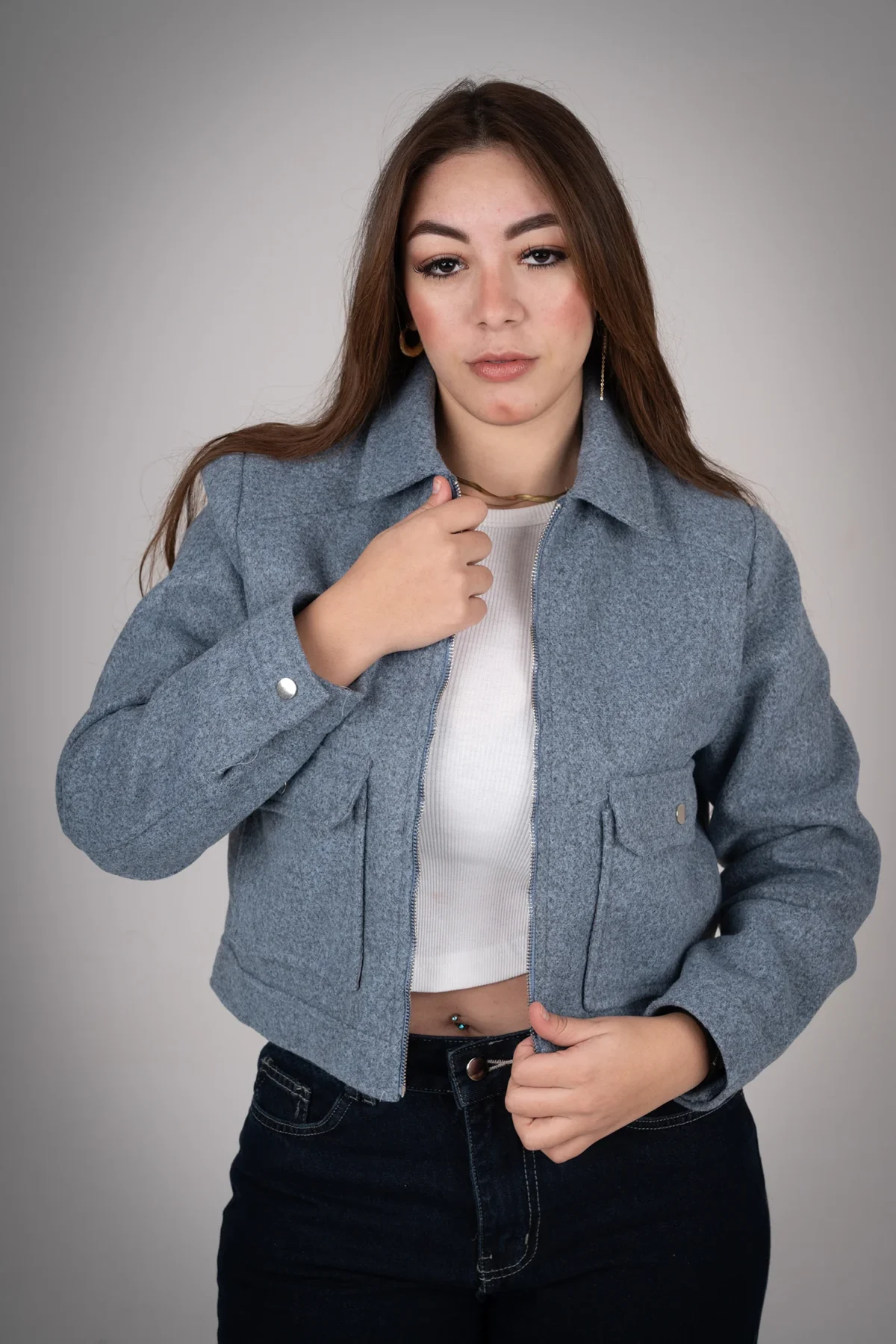 Ocean Grey Pocketed Broadcloth jacket.