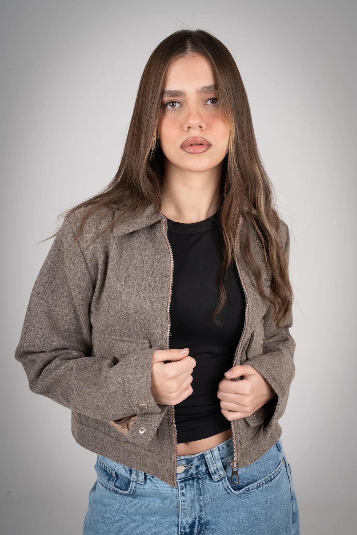 Brownish Pocketed Broadcloth Jacket.