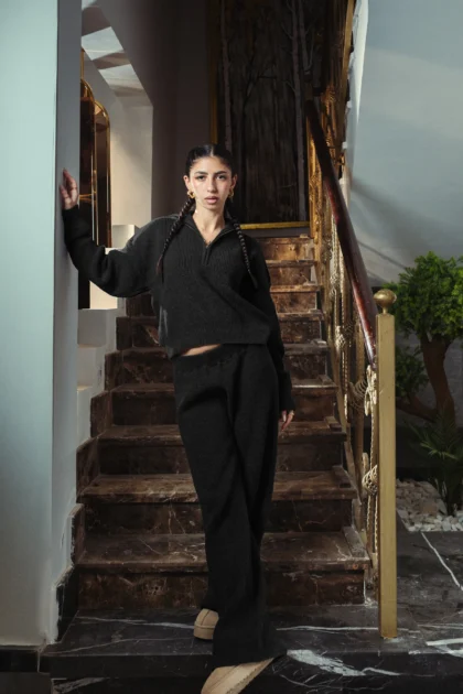 Black Quarter Zip Knitted Set