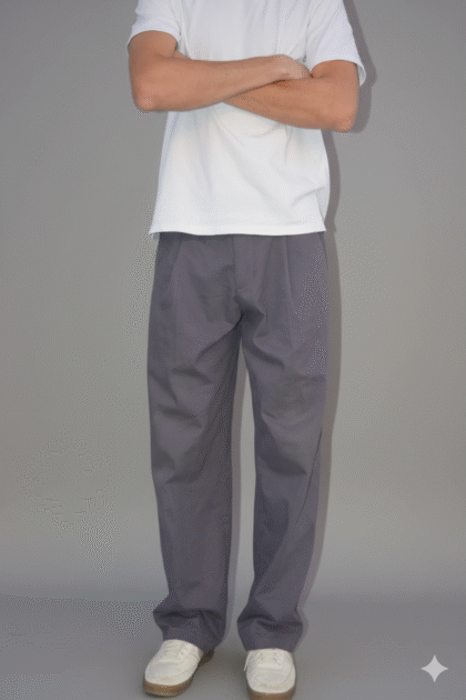 GREY PLEATED GABARDINE PANTS