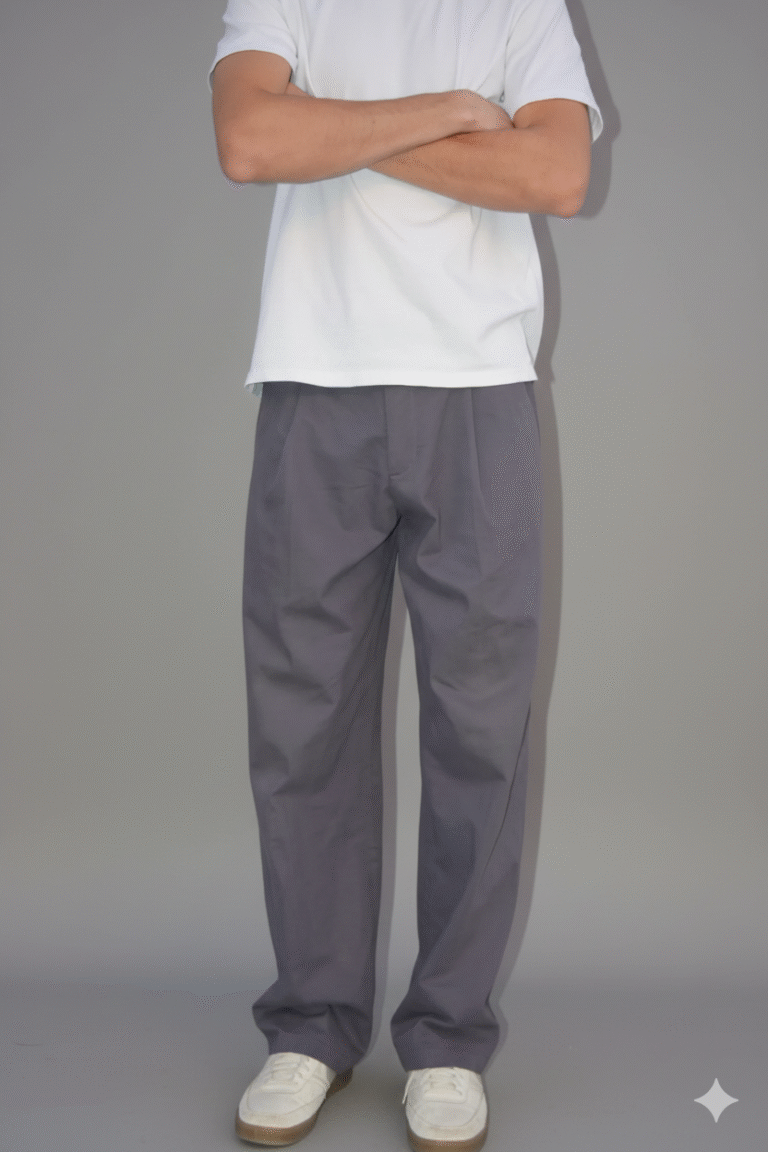 GREY PLEATED GABARDINE PANTS
